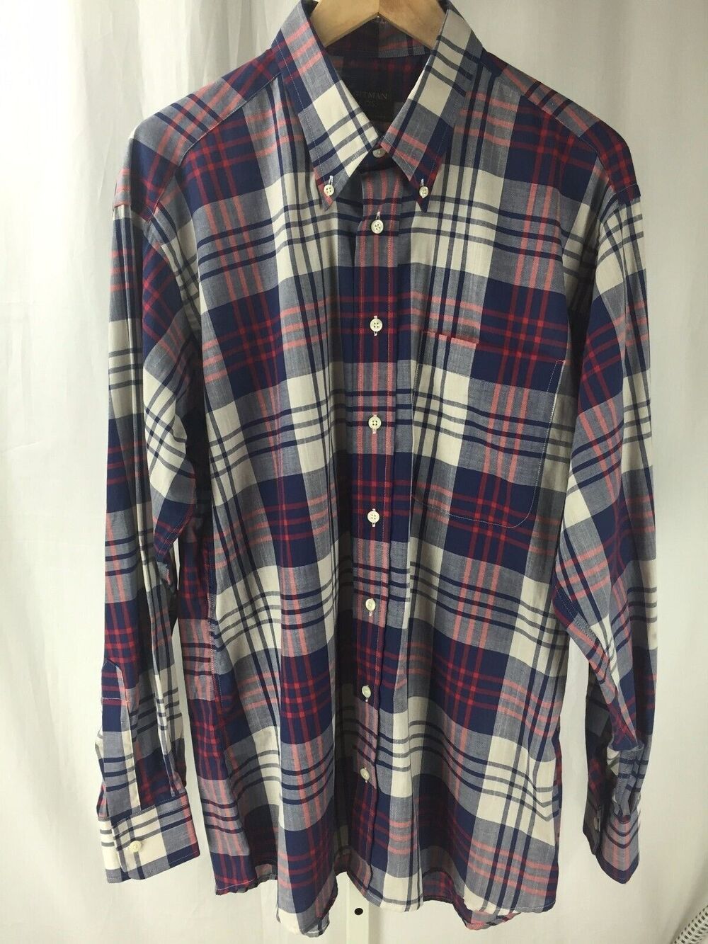 Gitman Bros Cotton Red White Blue Plaid LS Button Front Shirt Sz L